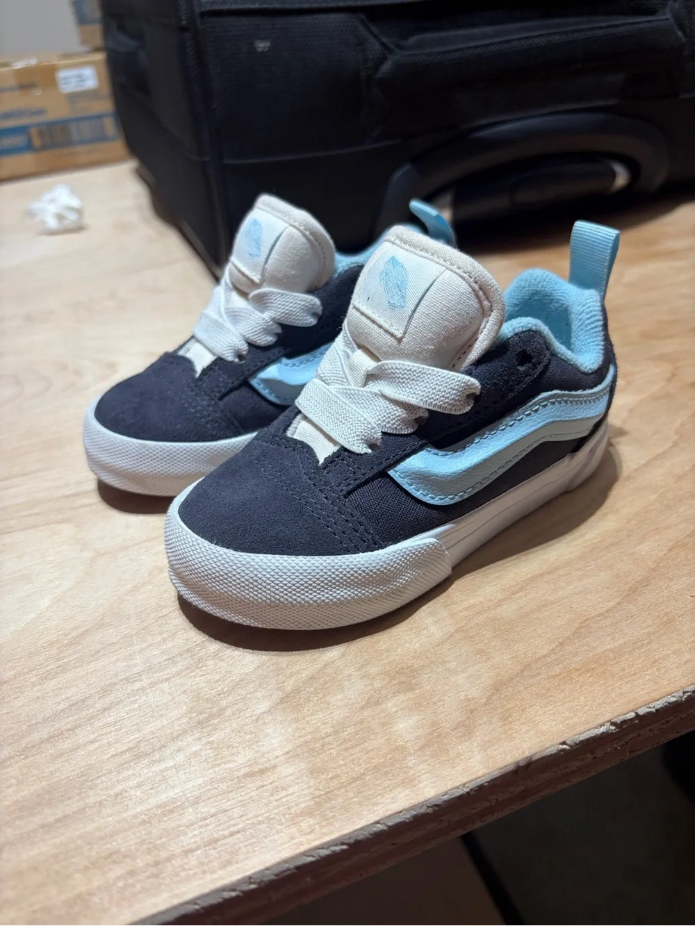 Vans Kids Black and Light Blue Suede Skate Sneakers